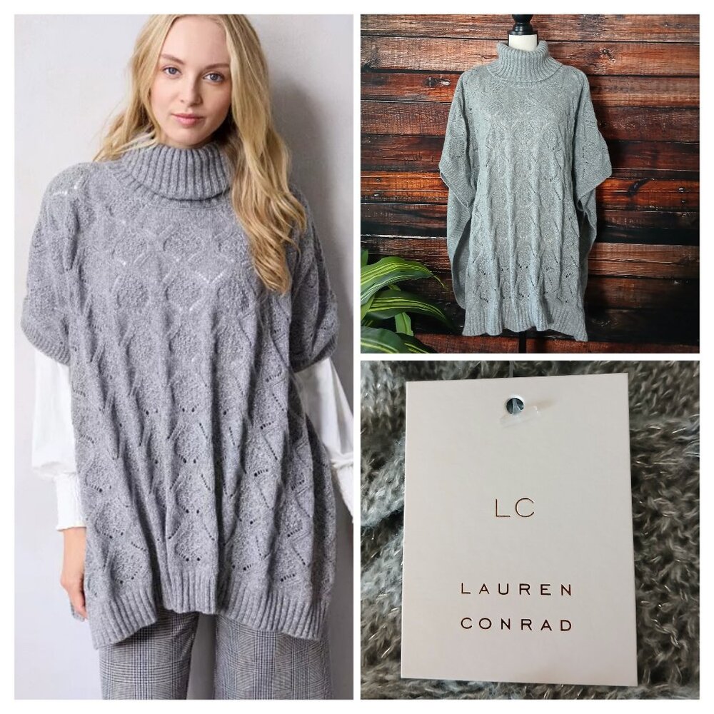 NWT Lauren Conrad Poncho Sweater One Size Gray Metallic Turtleneck Pointelle